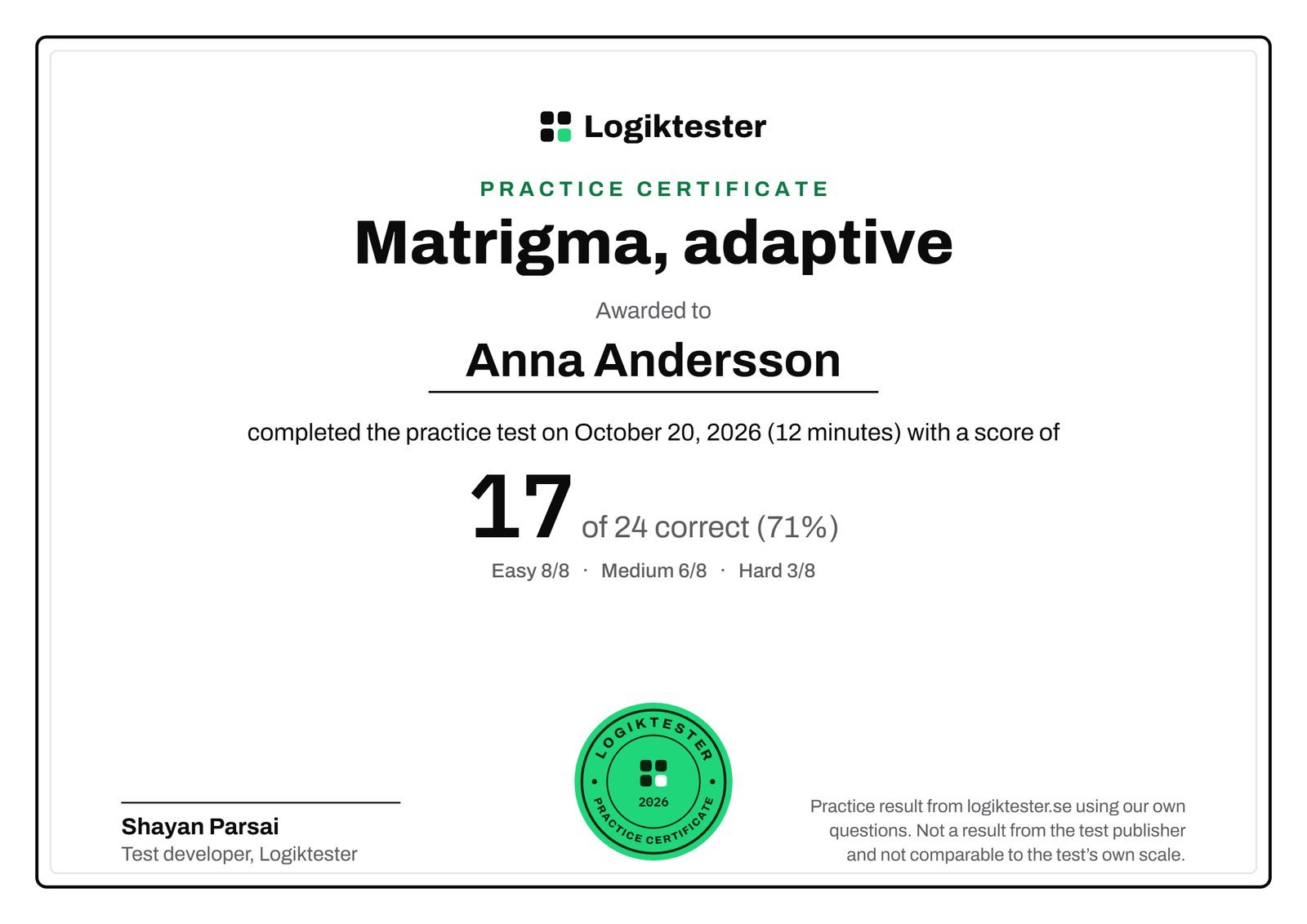 Example of a Logiktester practice certificate for a Matrigma practice test, with name, score, date and stamp