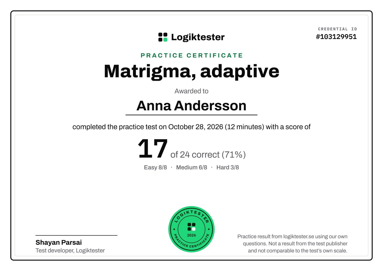 Example of a Logiktester practice certificate for a Matrigma practice test, with credential ID, name, score, date and stamp