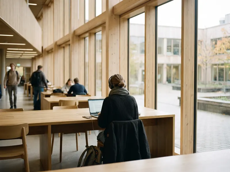 Student med laptop i ett universitetsbibliotek